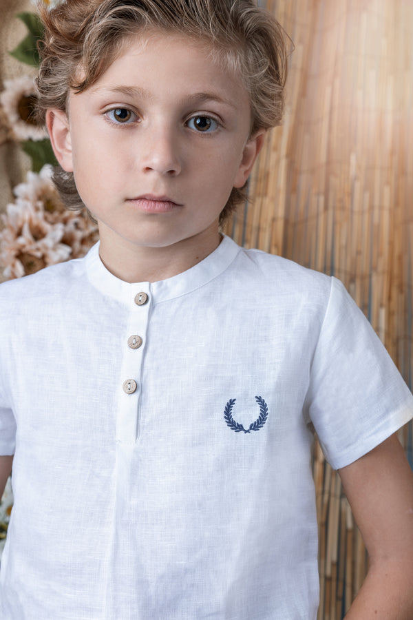 Noma Solid White Embroidered Emblem Shirt- EMBLEM IS WHITE