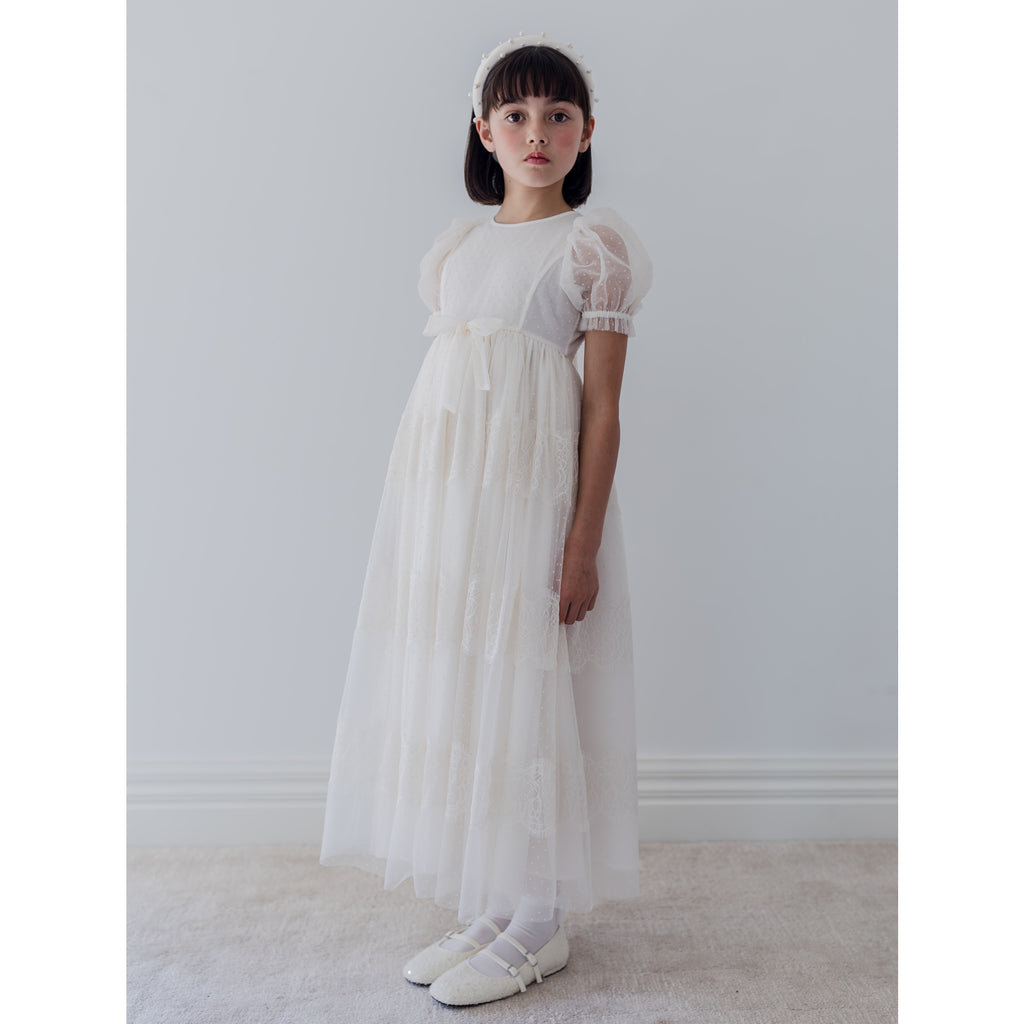Petite Amalie Cream Flocked Spot Tulle Dress With French Lace 1433