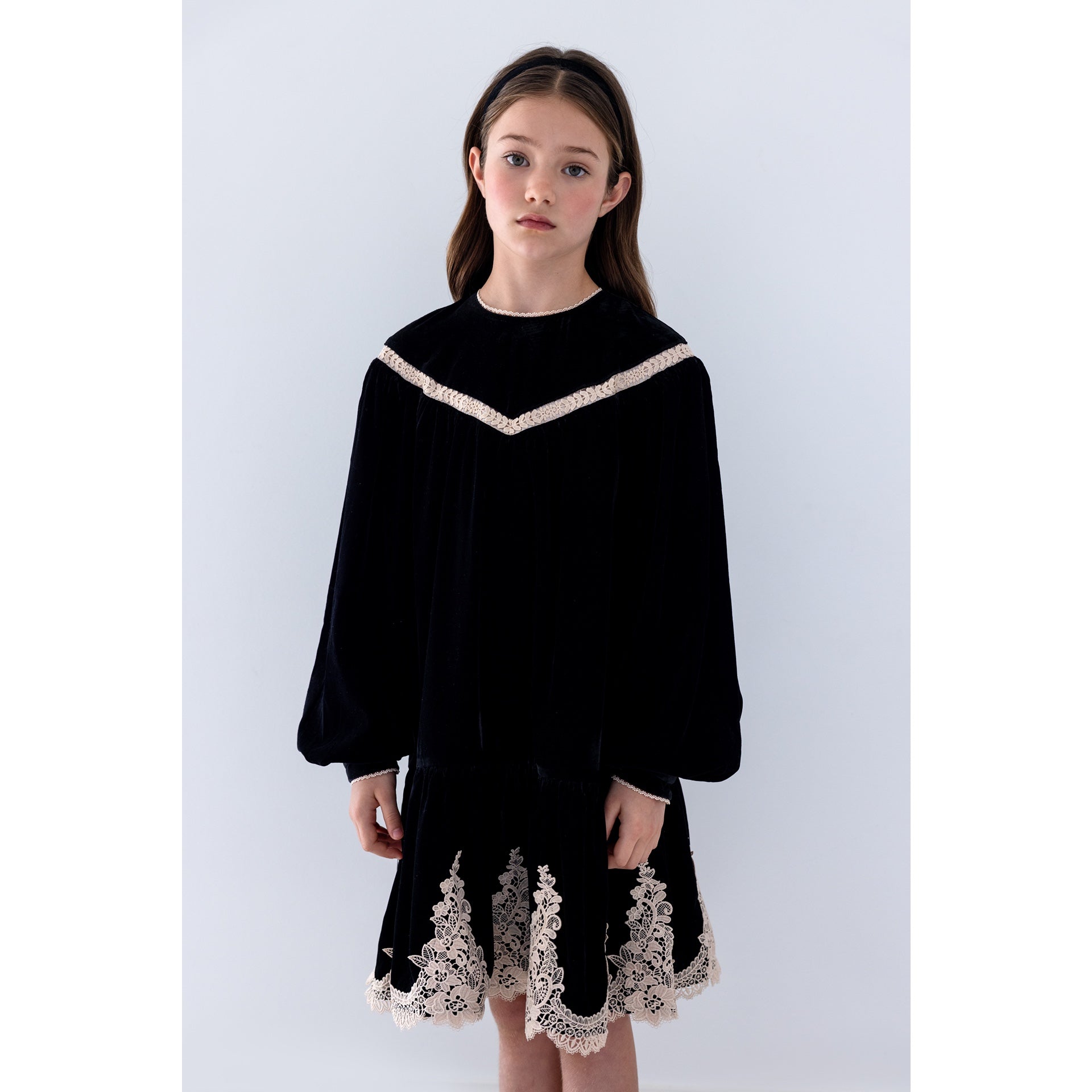 Petite Amalie Lace Hem Velvet Smock Dress