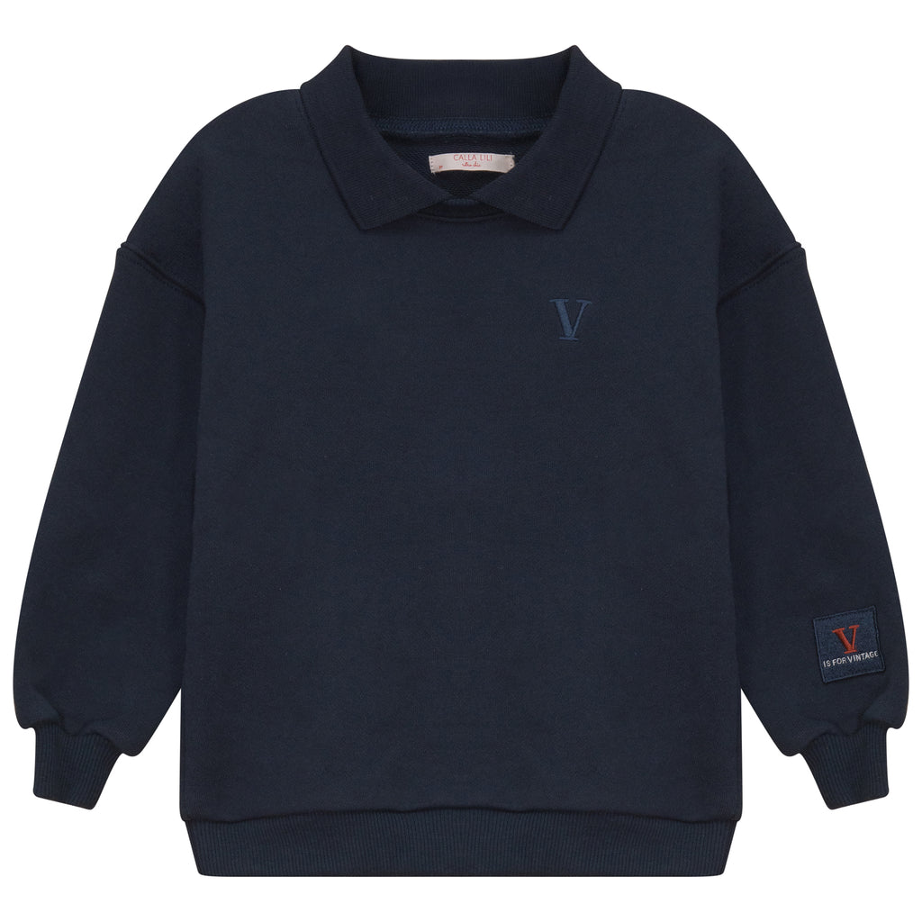 Calla Lili, Navy, Boy Sweatshirt With Collar | Buttons Bebe Calla Lili, Navy, Boy Sweatshirt With Collar | Buttons Bebe