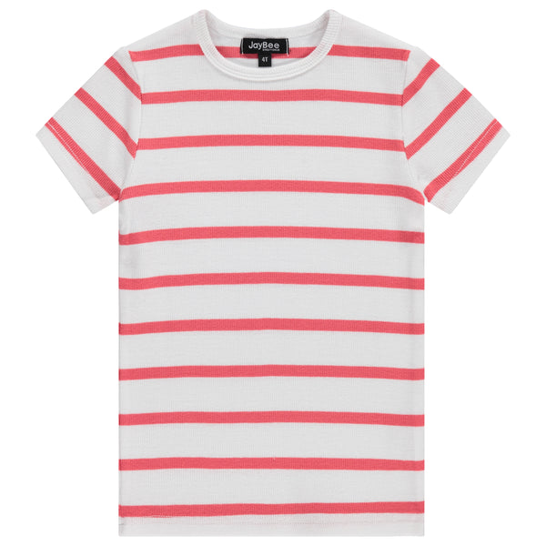 Jaybee Child White/Pink Striped Ribbed Short Sleeve Crew Neck Tee