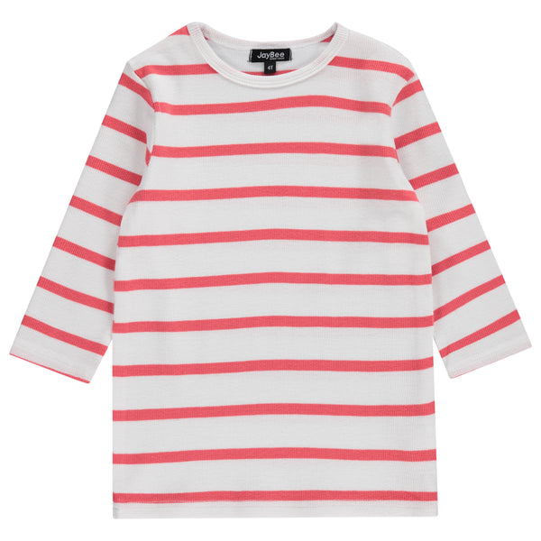 Jaybee Child White/Pink Striped Ribbed Crew Neck 3/4 Sleeve