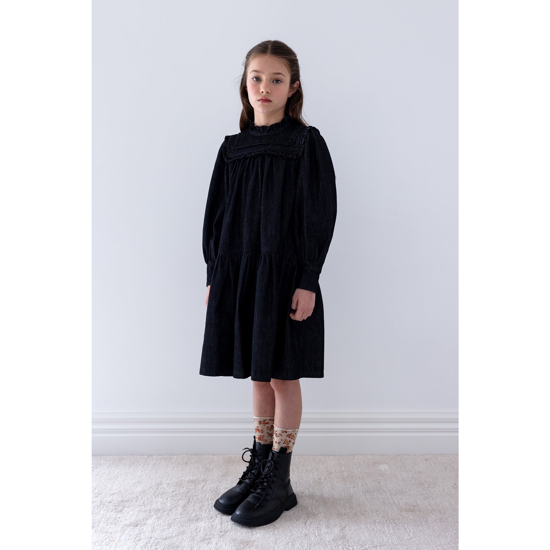 Steph The Label Black Wash Chambray Frill Yoke Dress - Black Wash