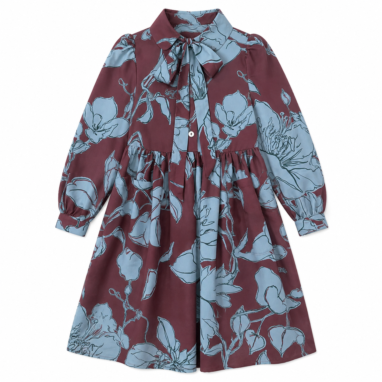 brown and blue floral dress Olivia Rohde Brown/ Light Print (No. 1148 Mosel Formal Beige Long Sleeve Size:XL (17.5) 36/37 (1756) round neck