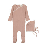 Mema Knits Pale Pink & Winter White Stitch Textured Embroidery Edge Footie