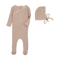 Mema Knits Taupe & Winter White Stitch Textured Embroidery Edge Footie