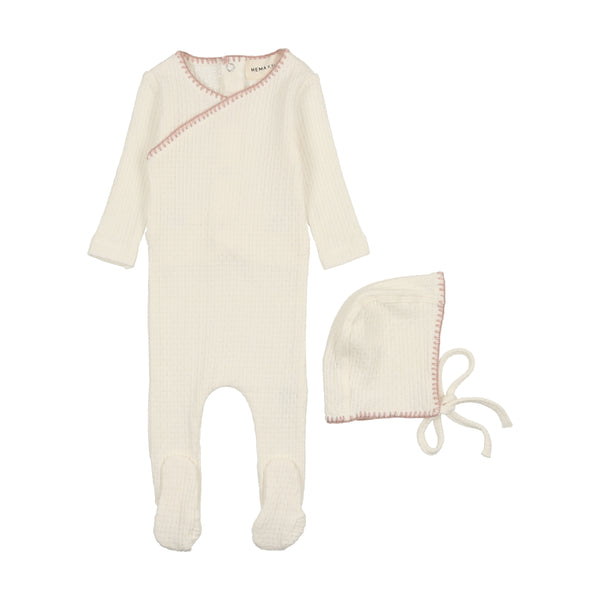 Mema Knits Winter White & Pink Stitch Textured Embroidery Edge Footie