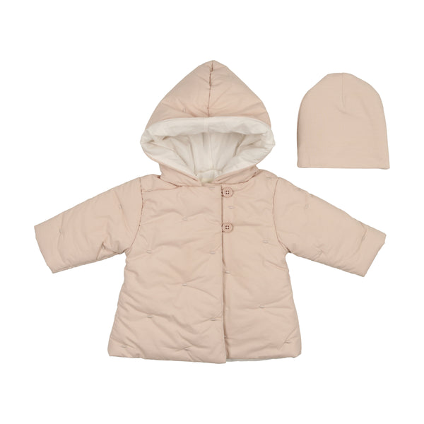 Mema Knits Pale Pink Embroidered Baby Jacket + Beanie