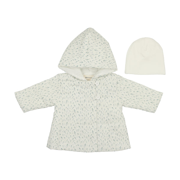 Mema Knits Pale Blue Floral Quilted Jacket + Beanie