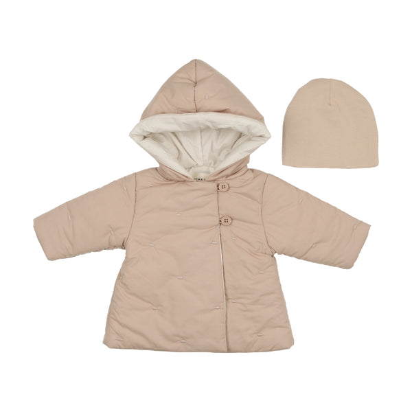 Mema Knits Taupe Embroidered Baby Jacket + Beanie