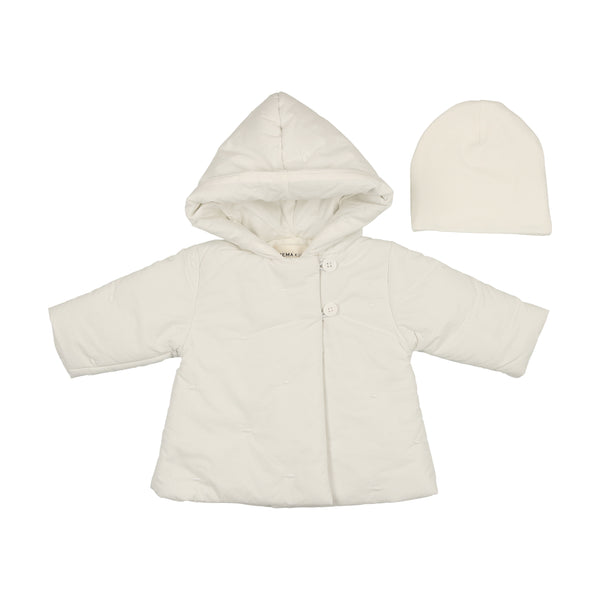 Mema Knits Winter White Embroidered Baby Jacket + Beanie