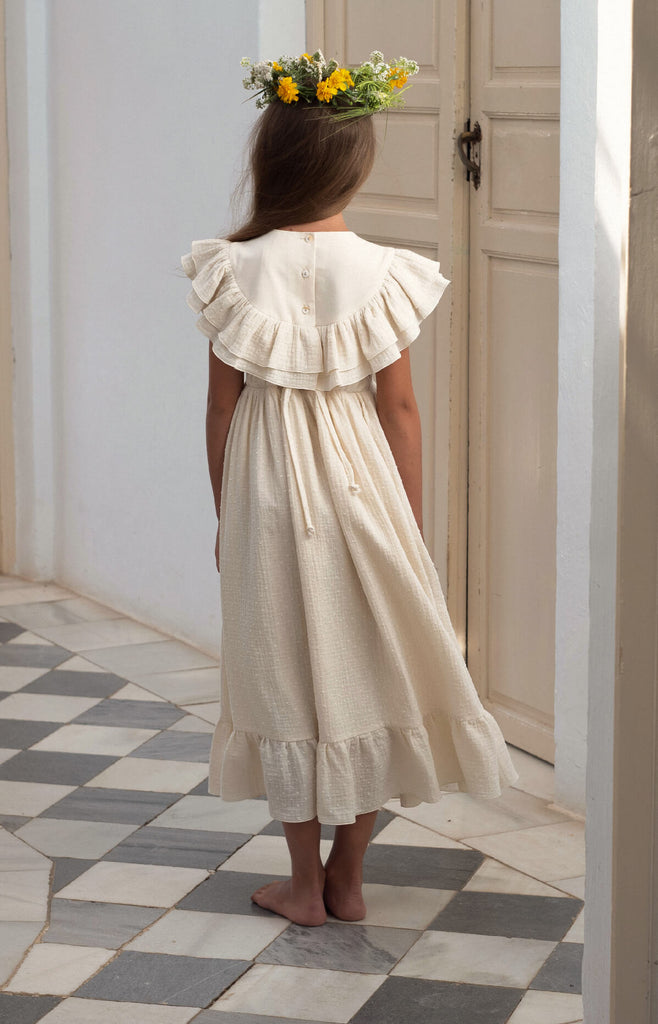 Popelin Mod 30.1 Off-white dress with embroidered yoke and frills  