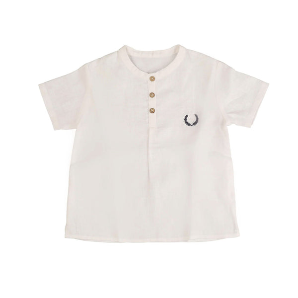 Noma Solid White Embroidered Emblem Shirt- EMBLEM IS WHITE