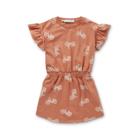 Sproet + Sprout Café Brown Dress Ruffle Bicycle Print