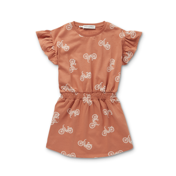 Sproet + Sprout Café Brown Dress Ruffle Bicycle Print