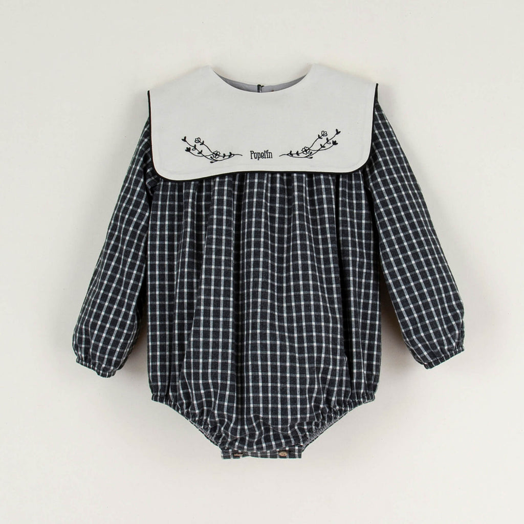 Popelin Mod.2.2 Black plaid embroidered romper suit with yoke in