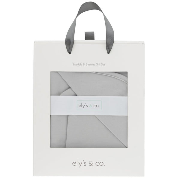 Ely's & Co Grey Jersey Knit Cotton Swaddle Blanket and Beanie Gift Set