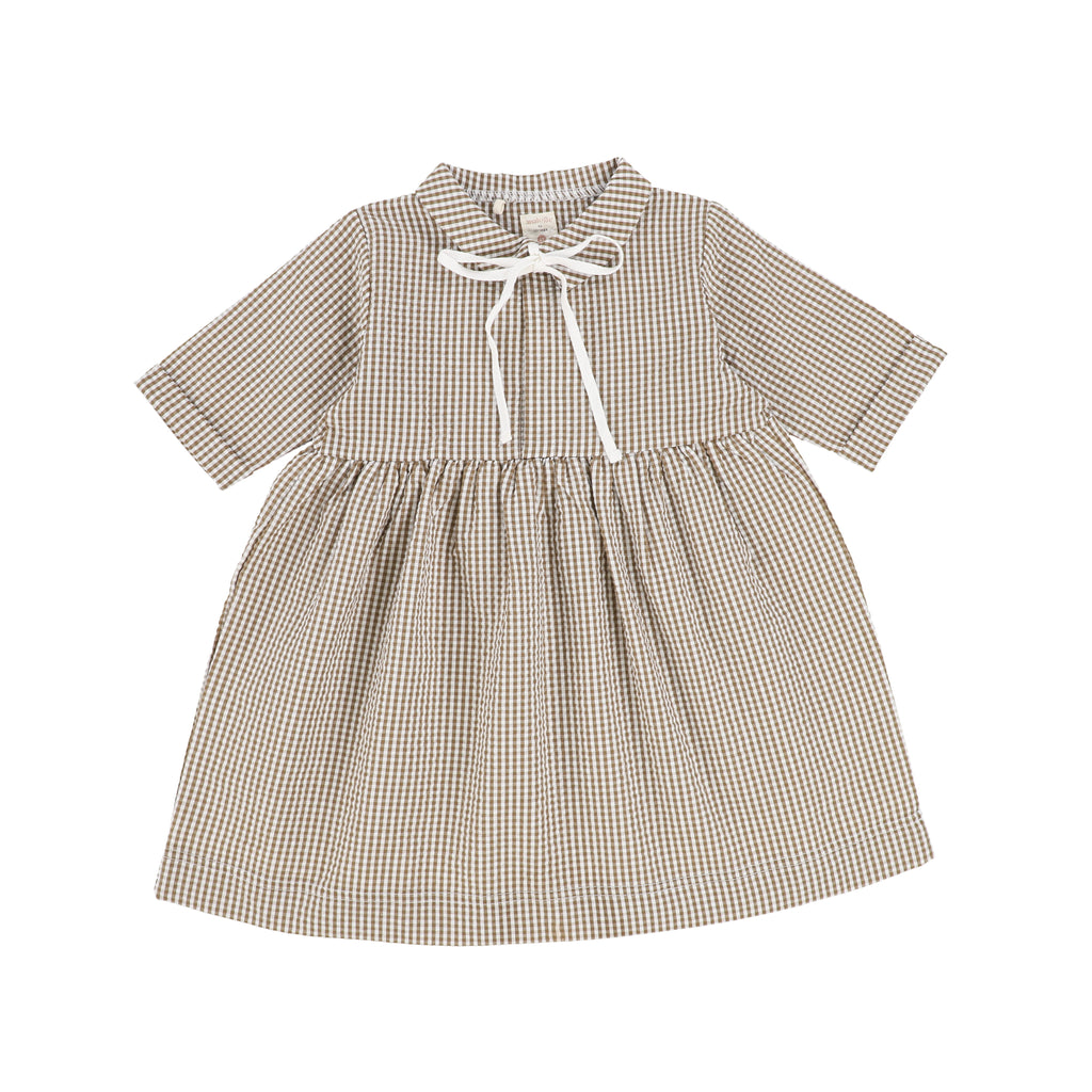 Lil Legs Caramel Gingham Three Quarter Sleeve Dress - Buttons Bebe