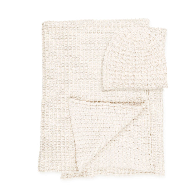 Peluche Cream Crochet Waffle Knit Blanket + Beanie