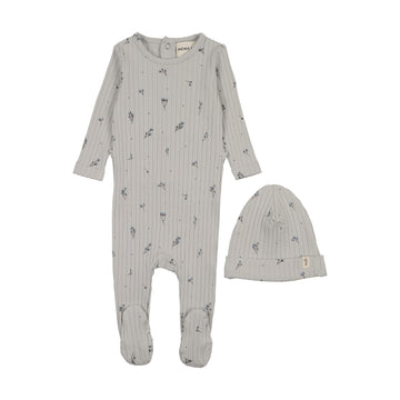 Mema Knits Rib Floral Print Footie + Beanie - Blue/Blue Floral