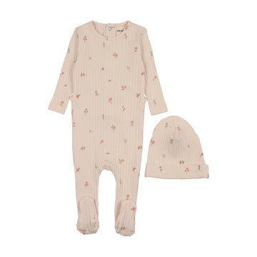 Mema Knits Rib Floral Print Footie + Beanie - Pink/Pink Floral