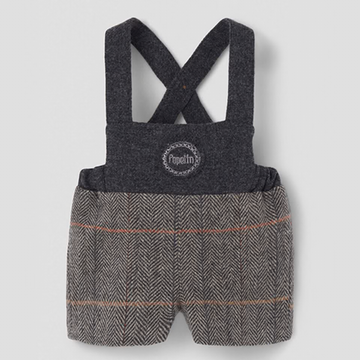 Popelin Grey Herringbone Woollen Short Dungarees with Embroidery Applique (Mod.8.3)