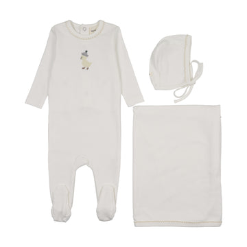 Mema Knits Embroidered Footie Three Piece Set - Winter White / Yellow Duck