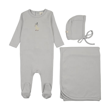 Mema Knits Embroidered Footie Three Piece Set - Gray Dawn / Yellow Duck