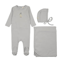 Mema Knits Embroidered Footie Three Piece Set - Gray Dawn / Yellow Duck