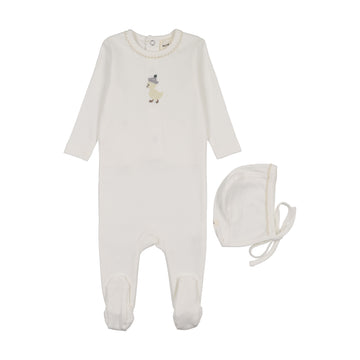 Mema Knits Embroidered Footie + Bonnet - Winter White / Yellow Duck