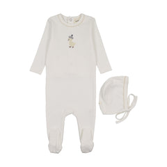 Mema Knits Embroidered Footie + Bonnet - Winter White / Yellow Duck