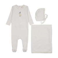 Mema Knits Embroidered Footie Three Piece Set - Winter White / Yellow Duck