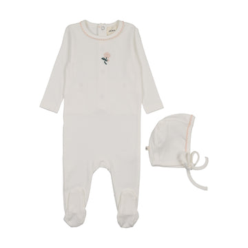 Mema Knits Embroidered Footie + Bonnet - Winter White / Pink Flower