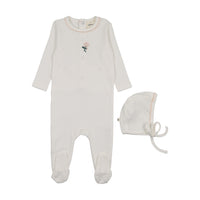 Mema Knits Embroidered Footie + Bonnet - Winter White / Pink Flower