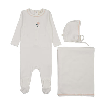 Mema Knits Embroidered Footie Three Piece Set - Winter White / Pink Flower