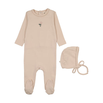 Mema Knits Embroidered Footie + Bonnet - Light Pink / Pale Pink Flower