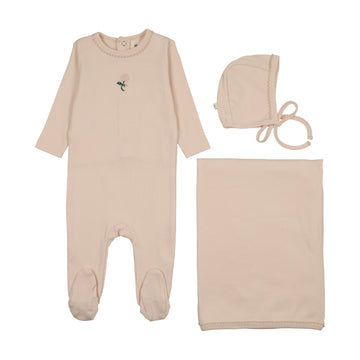 Mema Knits Embroidered Footie Three Piece Set - Light Pink / Pale Pink Flower