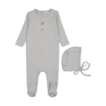Mema Knits Embroidered Footie + Bonnet - Gray Dawn / Yellow Duck