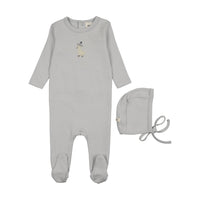 Mema Knits Embroidered Footie + Bonnet - Gray Dawn / Yellow Duck