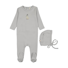 Mema Knits Embroidered Footie + Bonnet - Gray Dawn / Yellow Duck