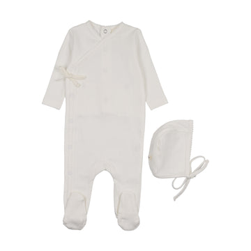 Mema Knits Pointelle Mock Wrap Footie + Bonnet - Winter White