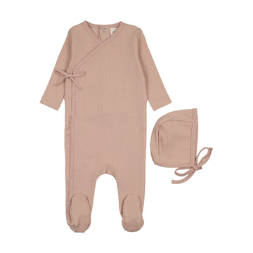 Mema Knits Pointelle Mock Wrap Footie + Bonnet - Pale Pink