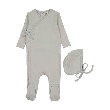 Mema Knits Pointelle Mock Wrap Footie + Bonnet - Gray Dawn
