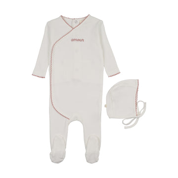 Mema Knits Amour Embroidered Footie + Bonnet - Winter White / Mauve Embroidery