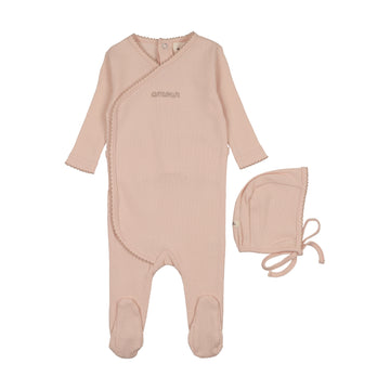 Mema Knits Amour Embroidered Footie + Bonnet - Rose / Pale Pink Embroidery