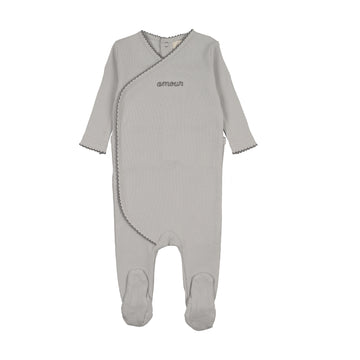 Mema Knits Amour Embroidered Footie - Gray Dawn / Blue Embroidery