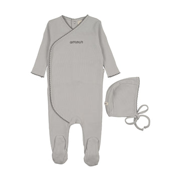 Mema Knits Amour Embroidered Footie + Bonnet - Gray Dawn / Blue Embroidery