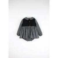 Popelin Dark Grey Plaid Romper Suit With Skirt And Baby Collar Embroidered (MOD 1.4)