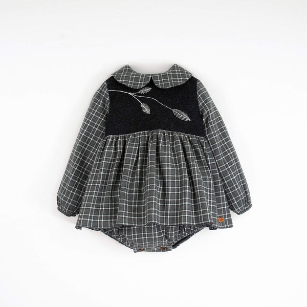 Popelin Dark Grey Plaid Romper Suit With Skirt And Baby Collar Embroidered (MOD 1.4)