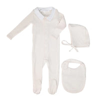 Little Parni Pink Pointelle Collar Footie + Bonnet + Bib (K656)